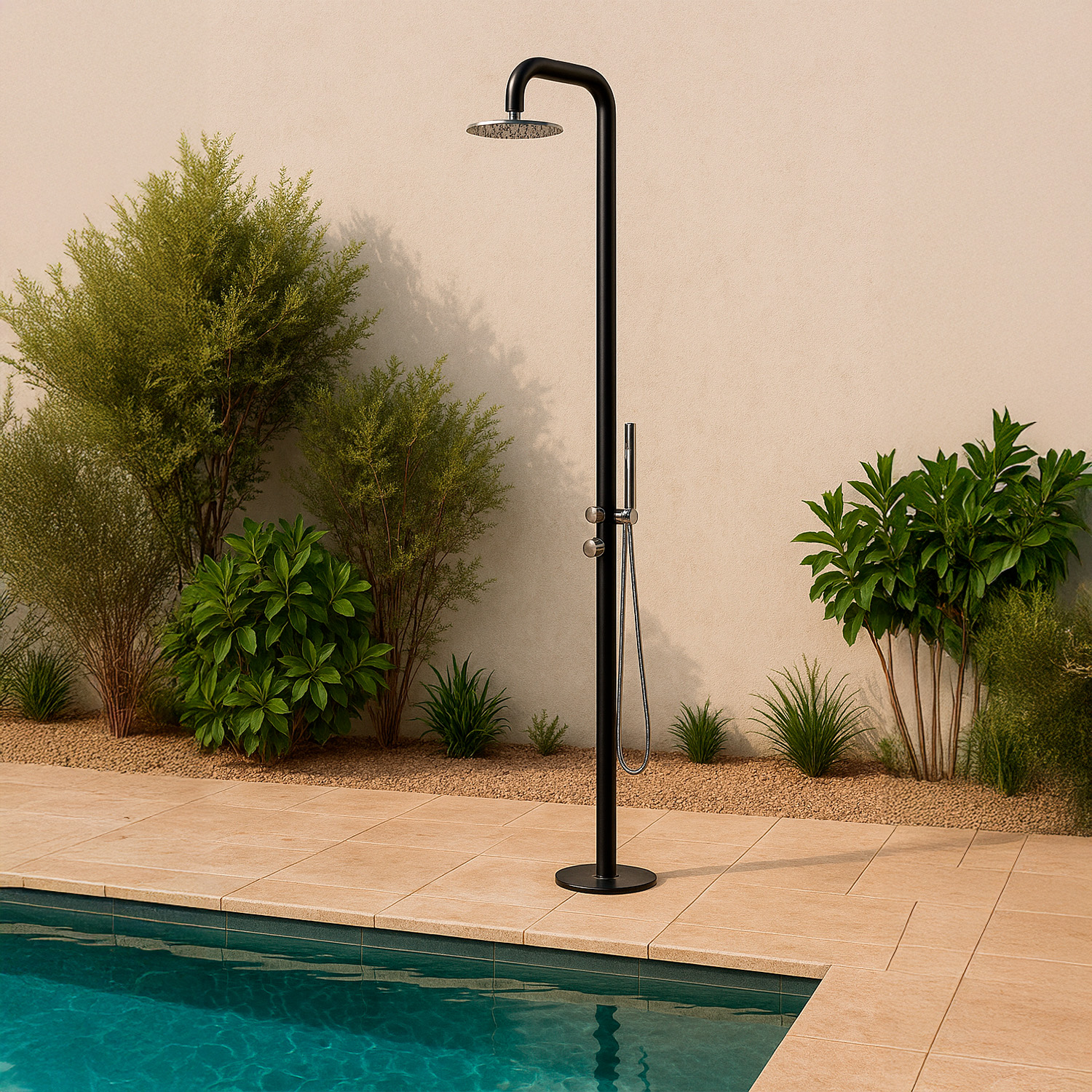 DOCCIA-PULA-DUO-NERA-INOX-ambientata - SINED | Pool Showers | Garden Chaise Lounge | Electric Fireplaces | Infrared Heaters