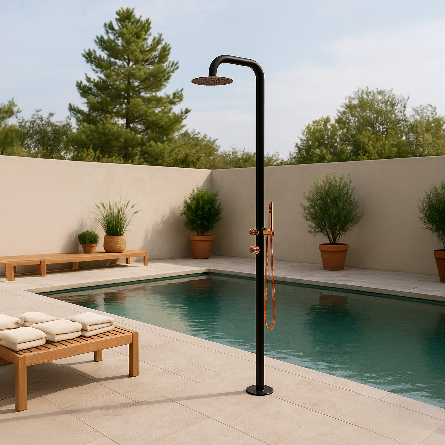 DOCCIA-PULA-DUO-NERA-OROROSA-ambientata - SINED | Pool Showers | Garden Chaise Lounge | Electric Fireplaces | Infrared Heaters