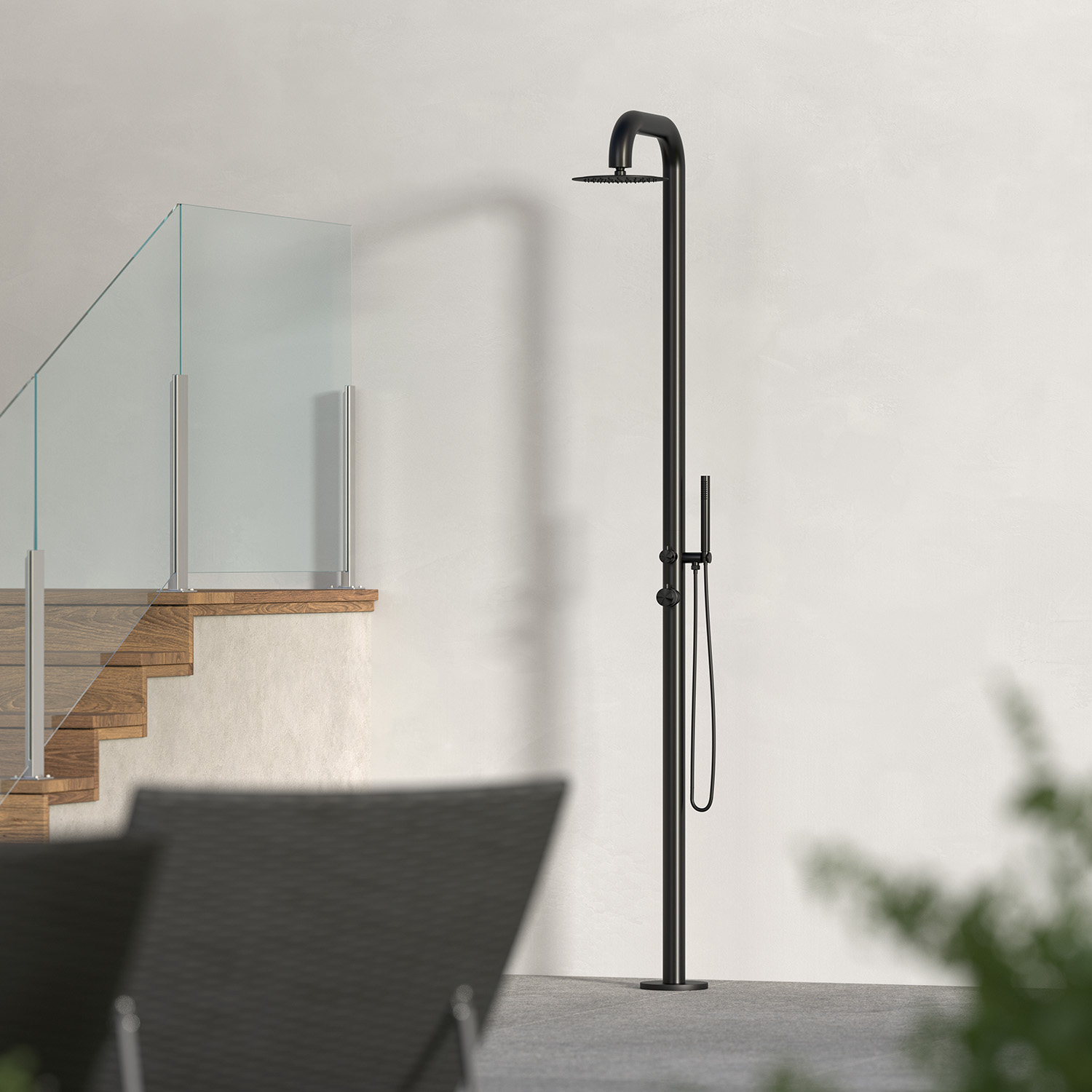 DOCCIA-PULA-NERA-ambientata - SINED | Pool Showers | Garden Chaise Lounge | Electric Fireplaces | Infrared Heaters