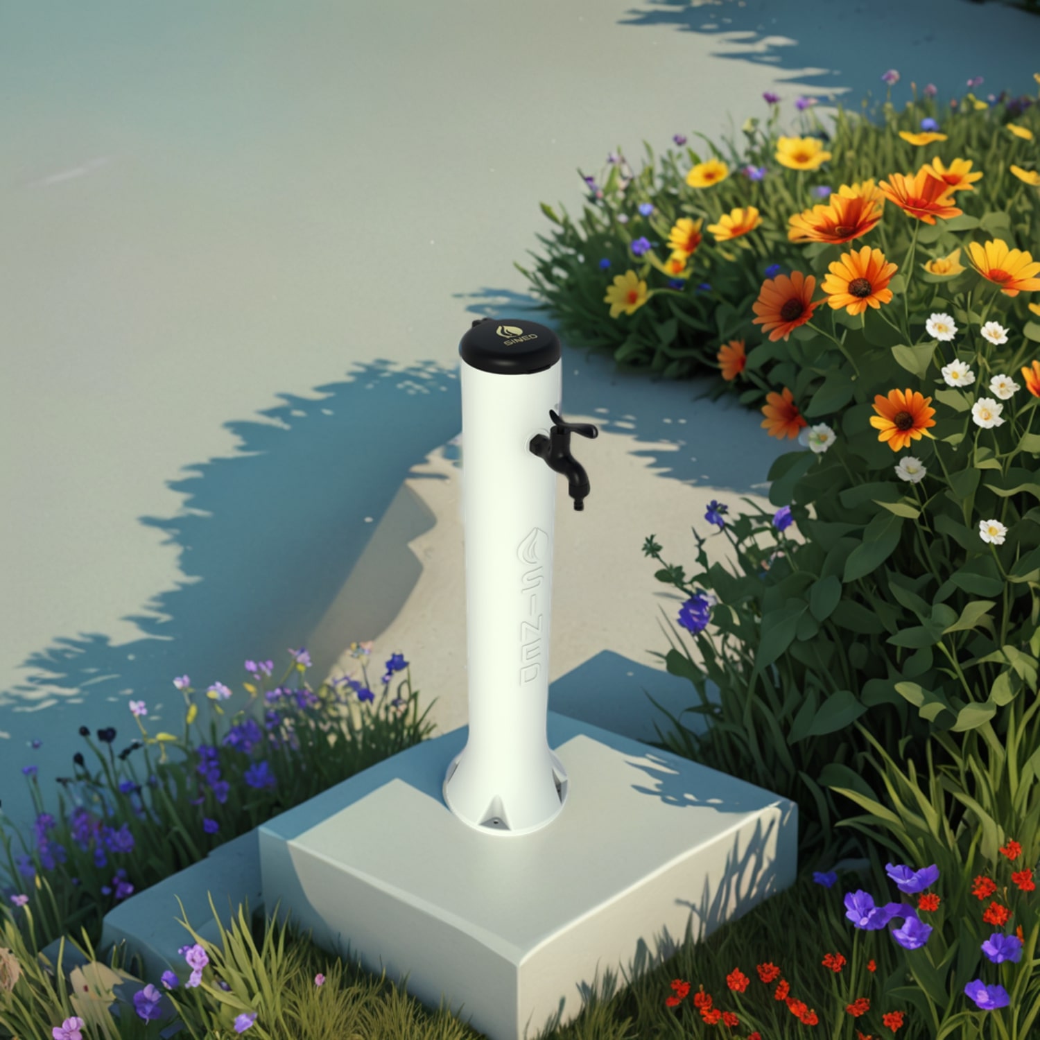 FONTANA-TRITONE-BIANCA-ambientata - SINED | Pool Showers | Garden Chaise Lounge | Electric Fireplaces | Infrared Heaters