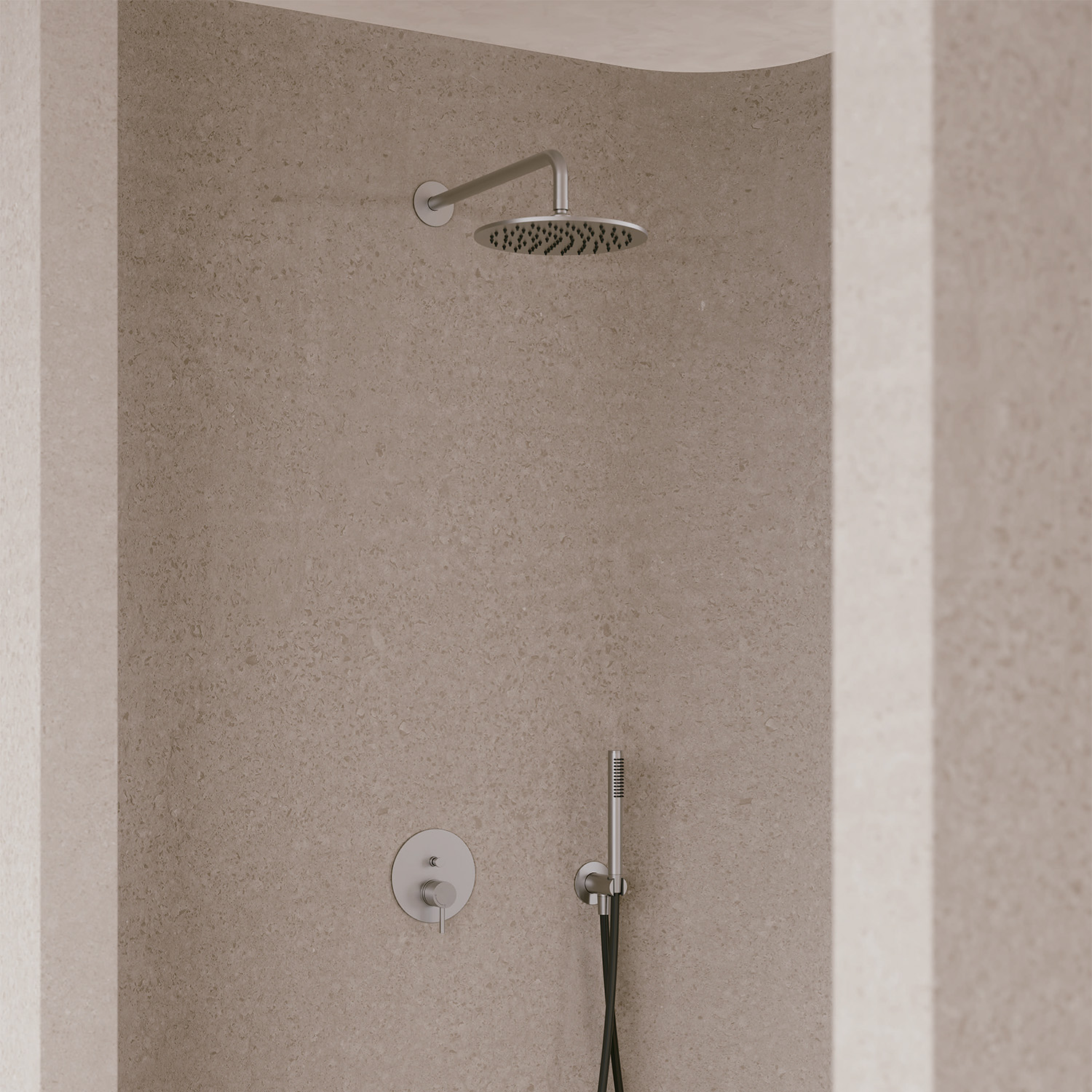 KIT-PARETE-SOFFIONE-LEVANTE-25-INOX-ambientata - SINED | Pool Showers | Garden Chaise Lounge | Electric Fireplaces | Infrared Heaters