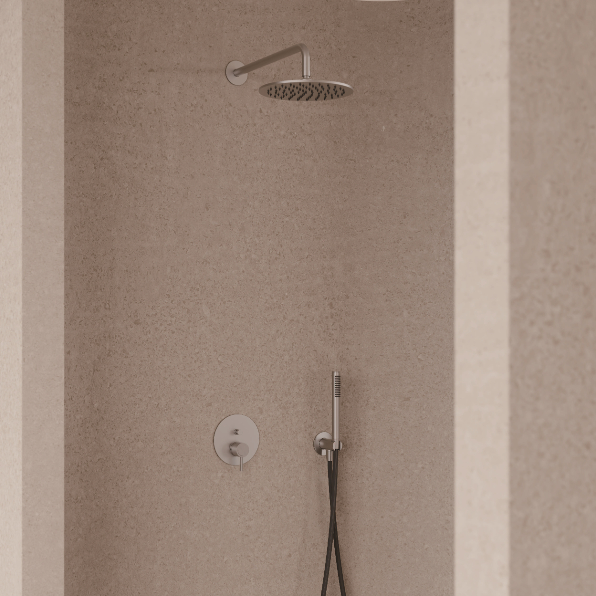 KIT-PARETE-SOFFIONE-LEVANTE-30-INOX-ambientata - SINED | Pool Showers | Garden Chaise Lounge | Electric Fireplaces | Infrared Heaters