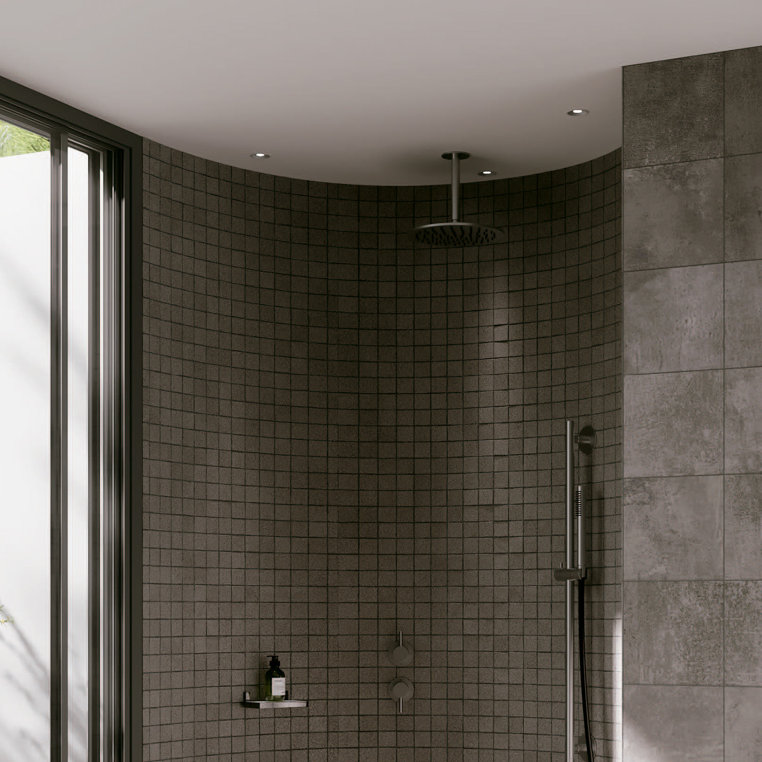 KIT-SOFFITTO-SOFFIONE-LEVANTE-CORTO-25-INOX-ambientata - SINED | Pool Showers | Garden Chaise Lounge | Electric Fireplaces | Infrared Heaters