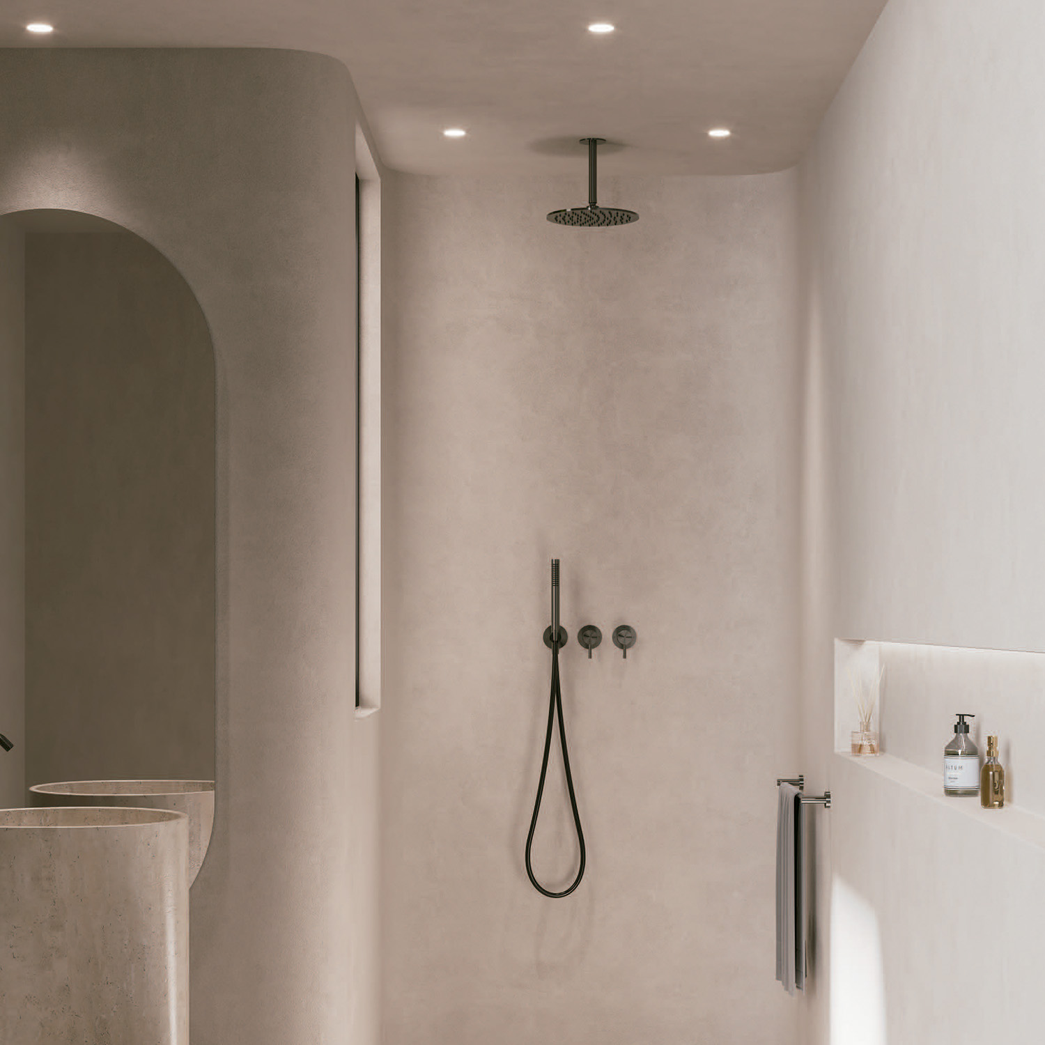 KIT-SOFFITTO-SOFFIONE-LEVANTE-LUNGO-30-INOX-ambientata - SINED | Pool Showers | Garden Chaise Lounge | Electric Fireplaces | Infrared Heaters