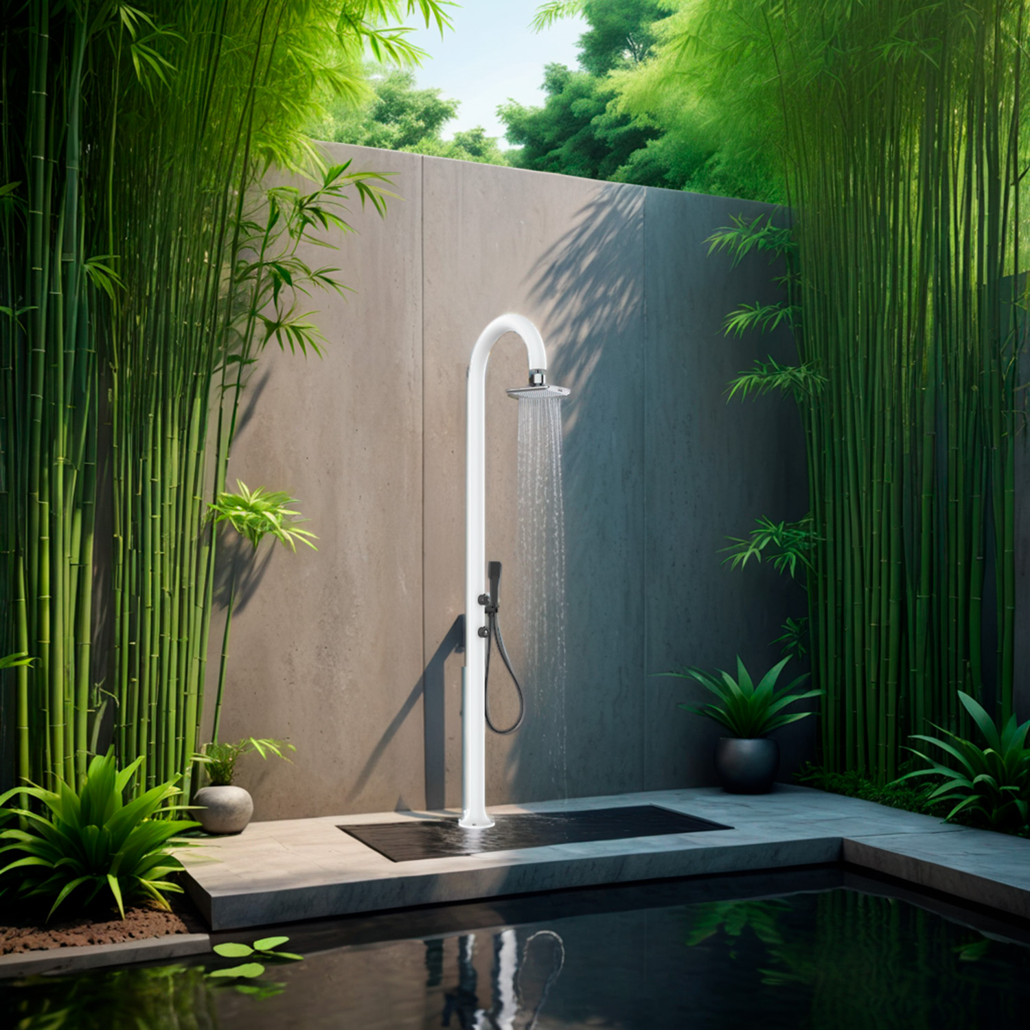 LUNA-ALU-D-BIANCA-LED-ambientata - SINED | Pool Showers | Garden Chaise Lounge | Electric Fireplaces | Infrared Heaters