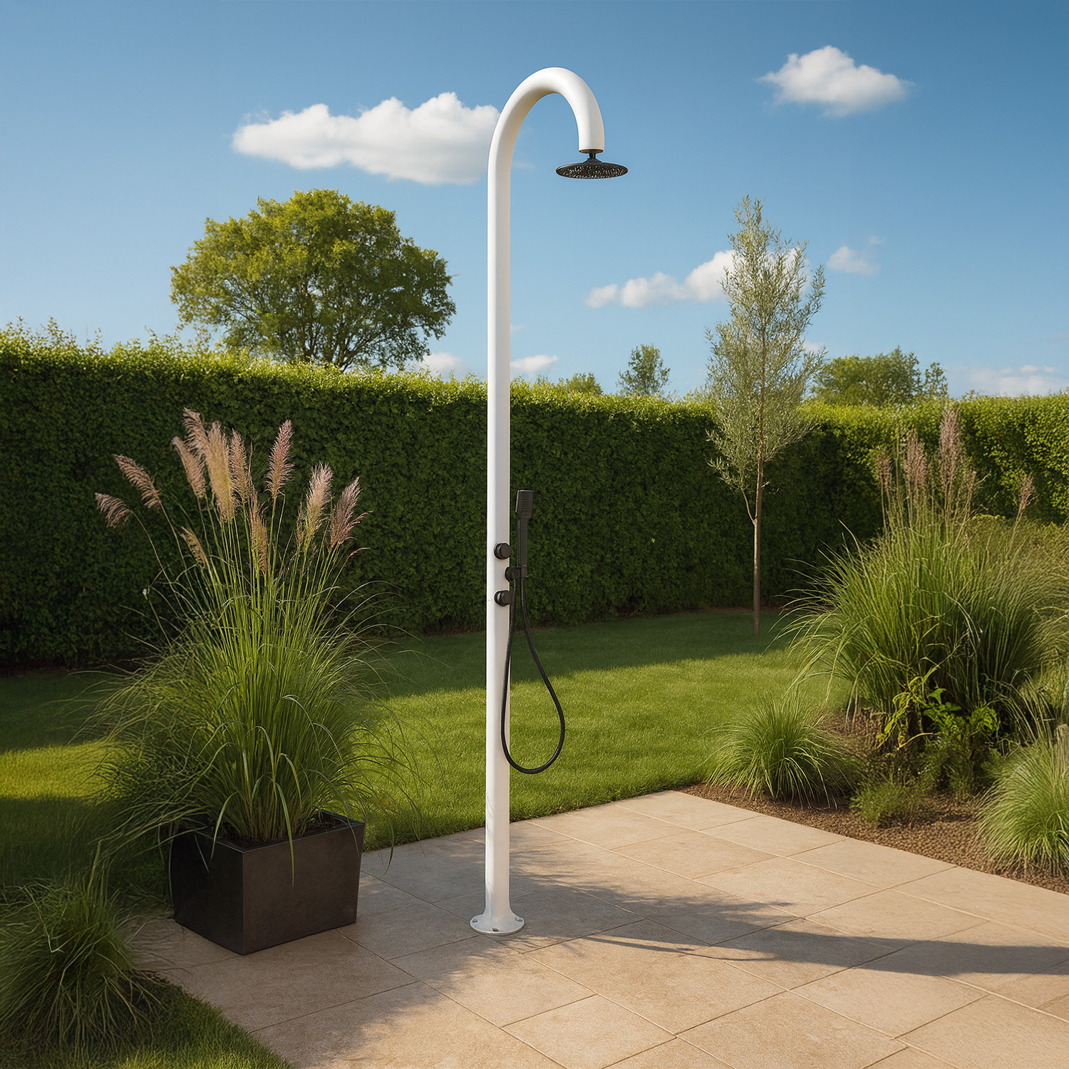 LUNA-ALU-D-BIANCA-ambientata - SINED | Pool Showers | Garden Chaise Lounge | Electric Fireplaces | Infrared Heaters