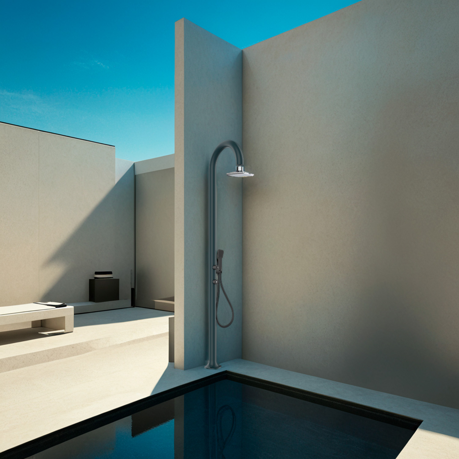 LUNA-ALU-D-GRIGIA-LED-ambientata - SINED | Pool Showers | Garden Chaise Lounge | Electric Fireplaces | Infrared Heaters