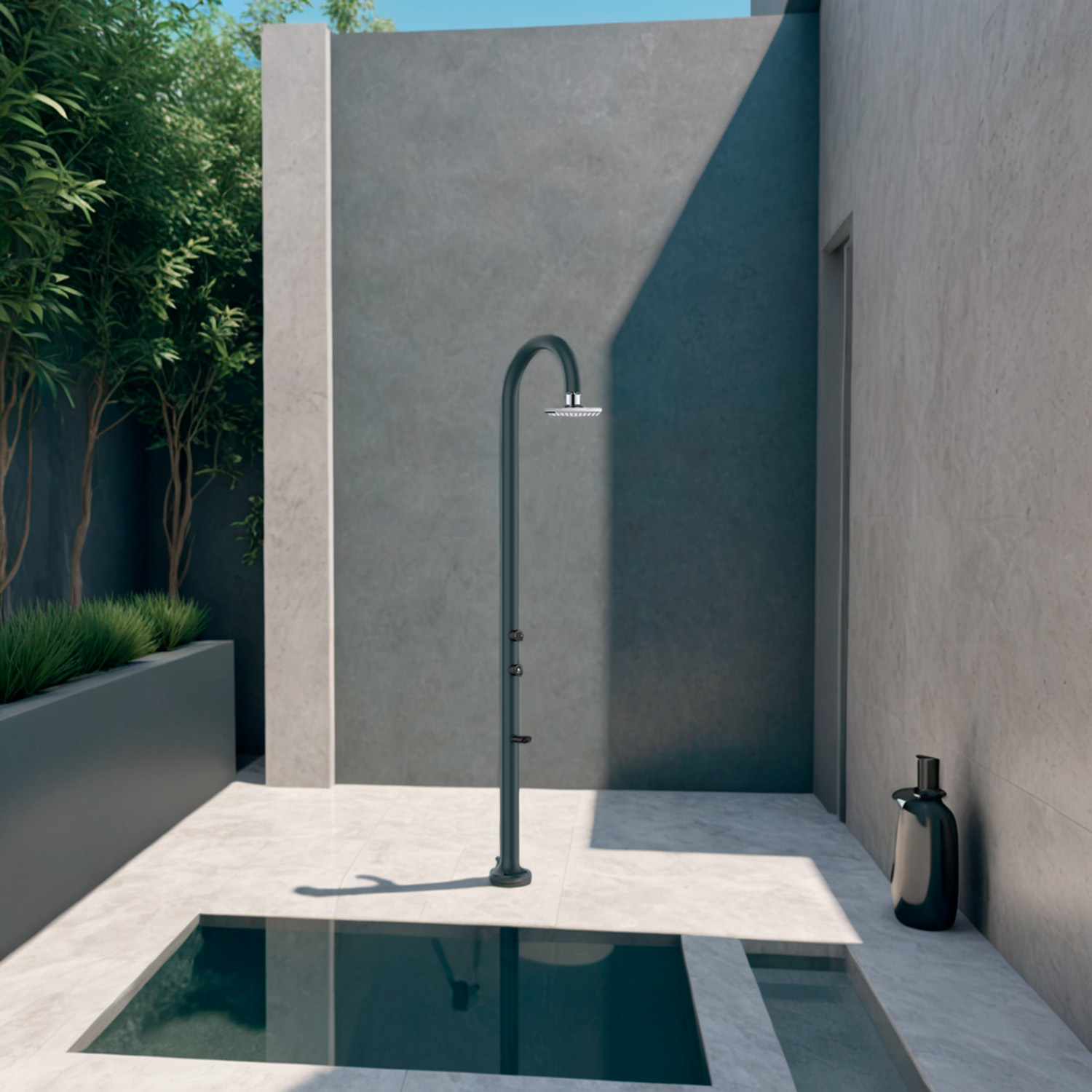 LUNA-ALU-GRIGIA-LCD-ambientata - SINED | Pool Showers | Garden Chaise Lounge | Electric Fireplaces | Infrared Heaters