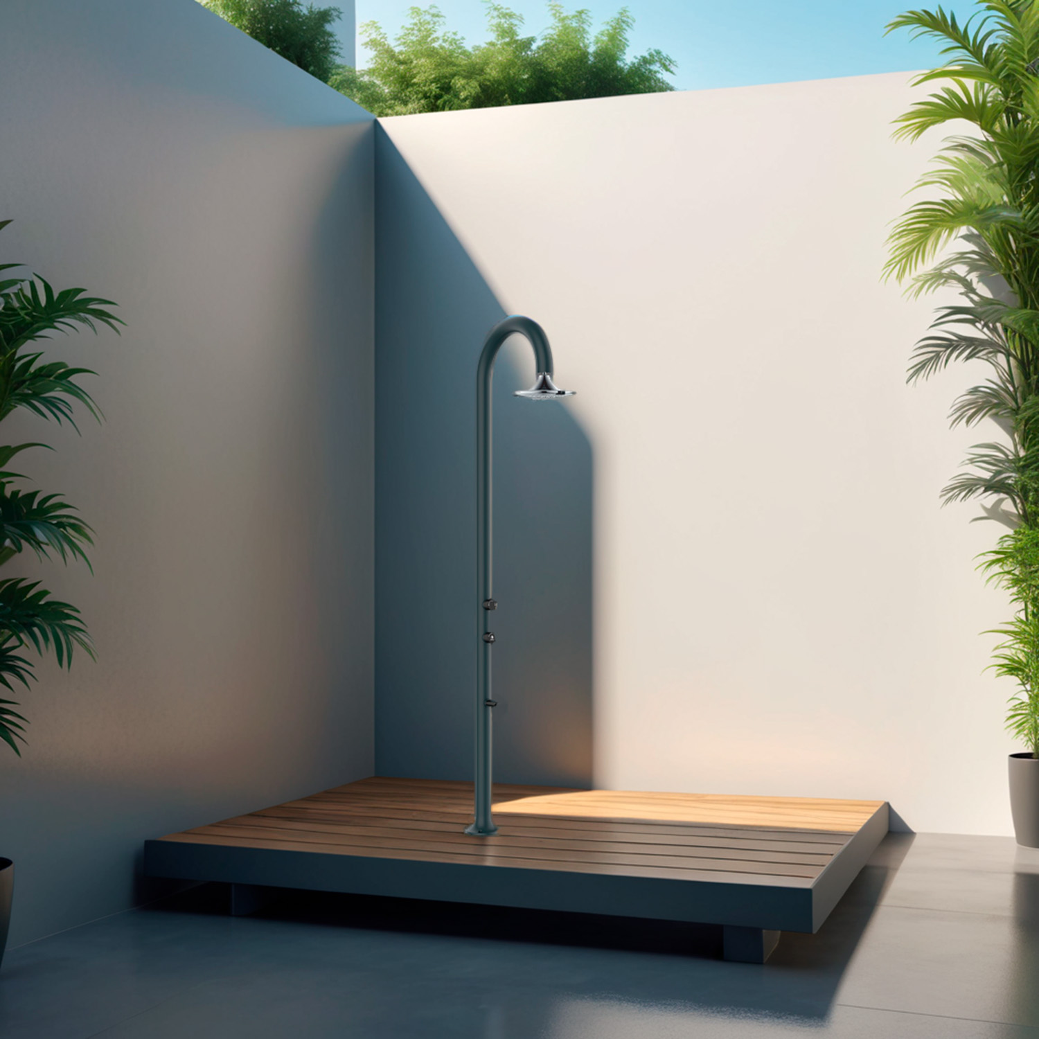 LUNA-ALU-GRIGIA-SENSOR-ambientata - SINED | Pool Showers | Garden Chaise Lounge | Electric Fireplaces | Infrared Heaters