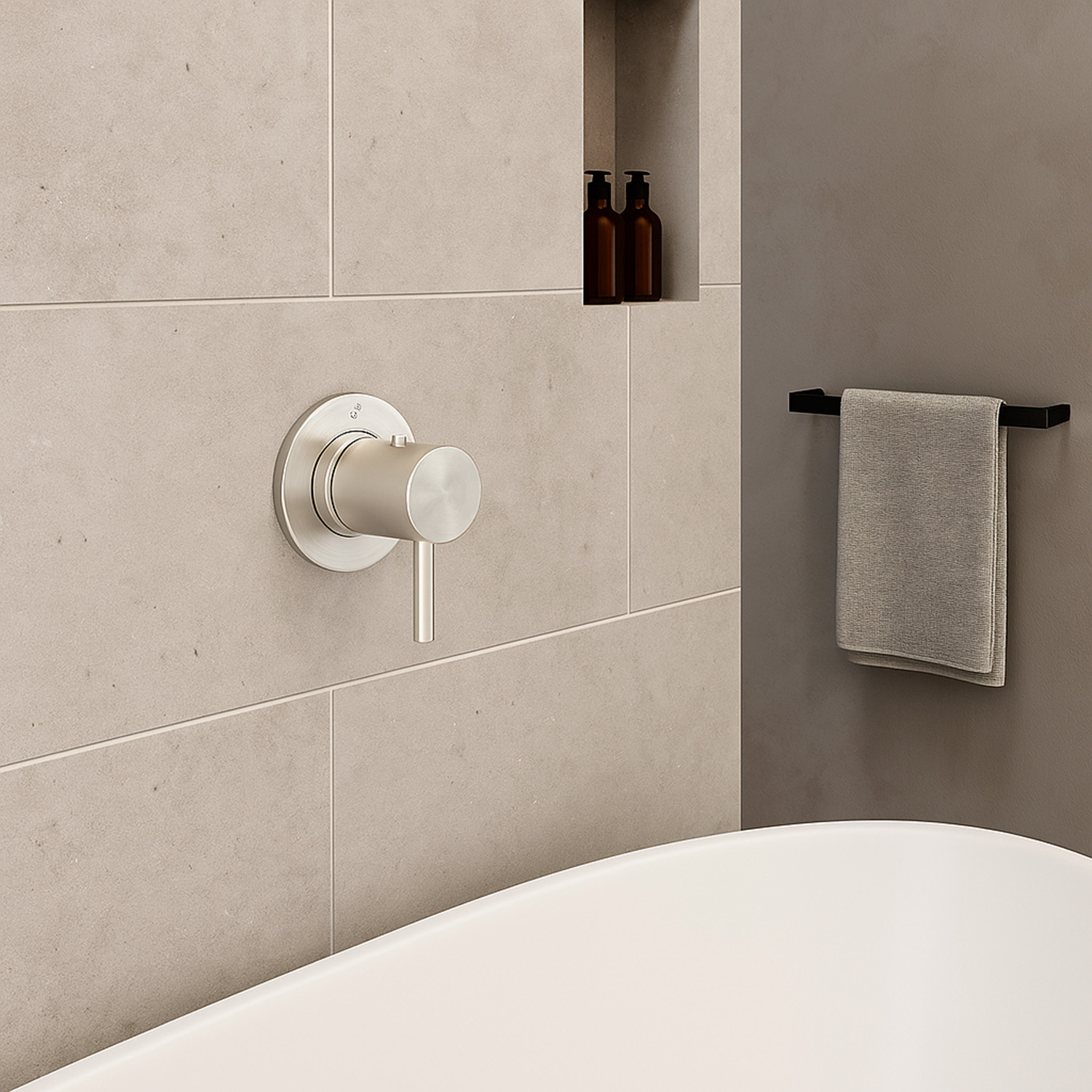 MISCELATORE-MURO-LEVANTE-TERMOSTATICO-INOX-ambientata - SINED | Pool Showers | Garden Chaise Lounge | Electric Fireplaces | Infrared Heaters