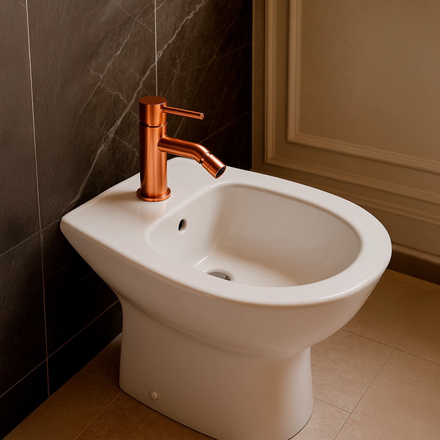 RUBINETTO-BIDET-LEVANTE-ORO-ROSA-ambientata - SINED | Pool Showers | Garden Chaise Lounge | Electric Fireplaces | Infrared Heaters